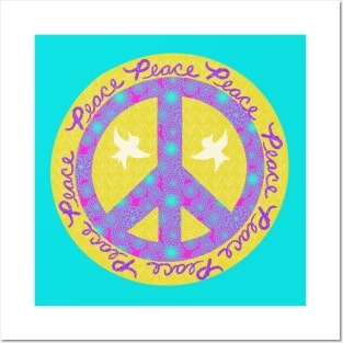 Peace Yellow Pink Purple Turquoise with Doves Posters and Art